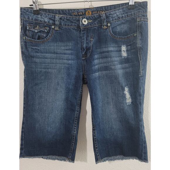 Velvet Heart Blue Distressed Stone Washed Frayed Hem Denim Shorts 30 Bermuda - Picture 1 of 6